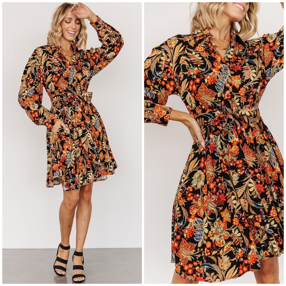 FEW LEFT❗️POLAGRAM Black Floral Long Sleeves Short Dress - Picture 1 of 6